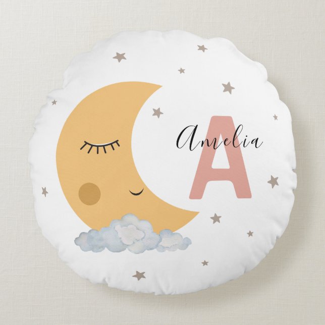 Almofada Redonda Cute Moon & Clouds Round Nursery Pillow Pink Initi (Frente)