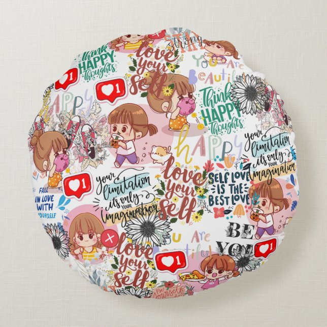 Almofada Redonda Cute Motivational – Positive Quote Kawaii  (Verso)
