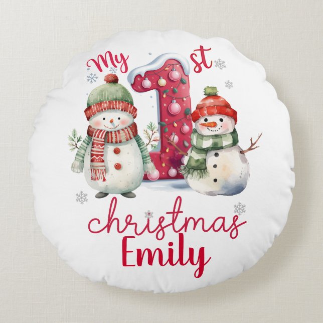 Almofada Redonda Cute My First Christmas Snowmen Personalize Baby  (Frente)