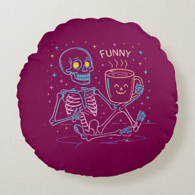 Almofada Redonda Cute Neon Skeleton Drinking Coffee – Funny Pastel  (Frente)