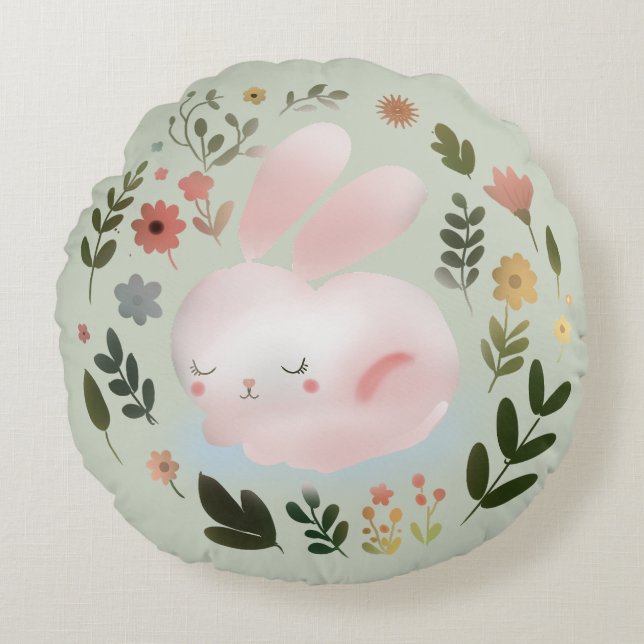 Almofada Redonda Cute Pastel Spring Bunny Floral Wreath Nursery Art (Frente)
