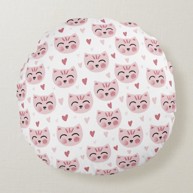 Almofada Redonda Cute Pink Kittens and Hearts Pattern for Kids (Frente)