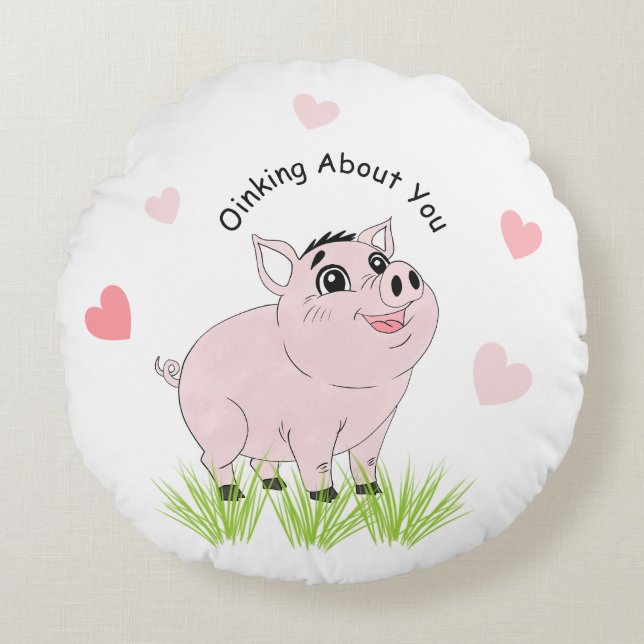 Almofada Redonda Cute pink pig for Valentine (Frente)