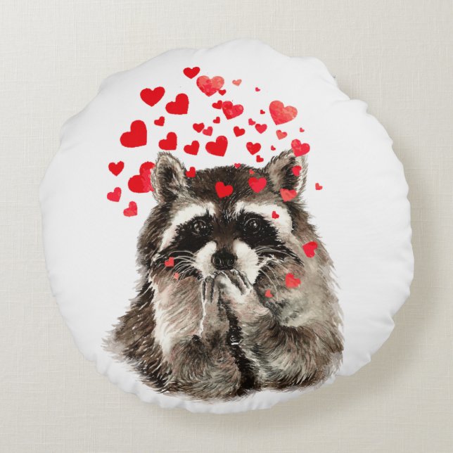 Almofada Redonda Cute Raccoon soprando beijo amor corações animais (Verso)