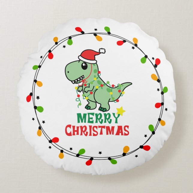 Almofada Redonda Cute Santa Dino Merry Christmas (Frente)
