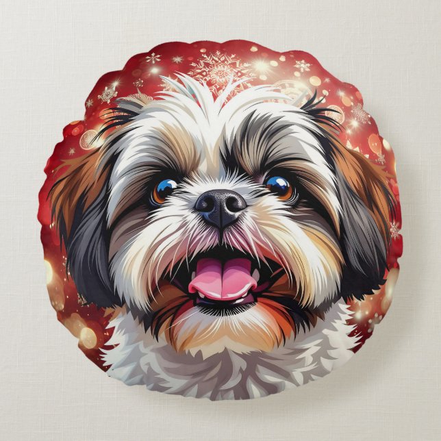Almofada Redonda Cute Shih Tzu Christmas (Frente)