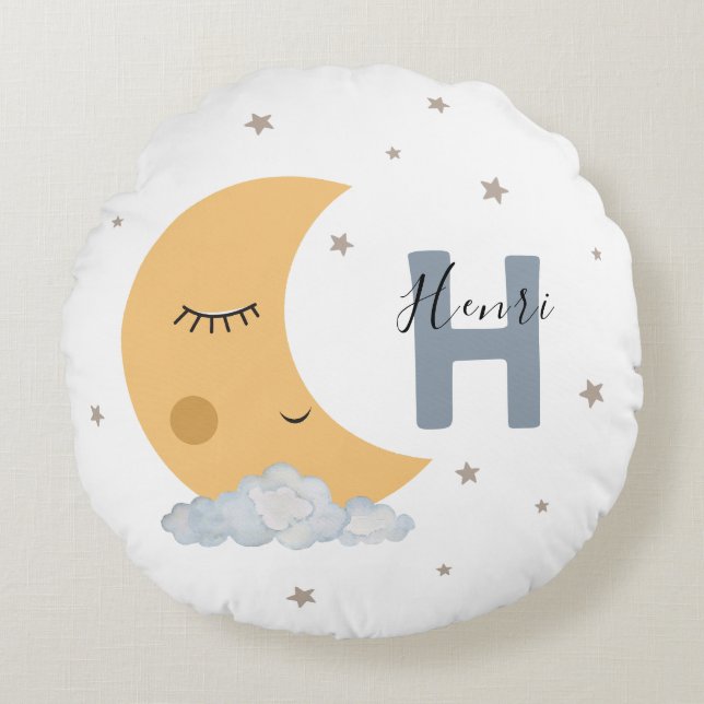 Almofada Redonda Cute Sleeping Moon Baby Room Pillow Name Initial (Frente)