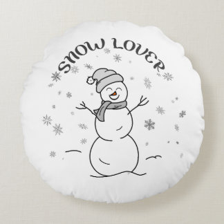 Almofada Redonda Cute Snowman SNOW LOVER Text Snowflakes Fun White