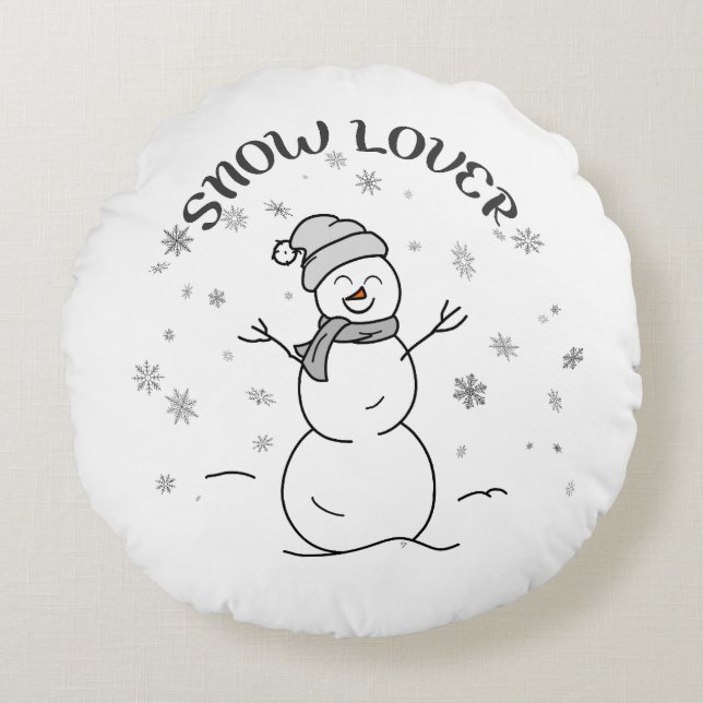 Almofada Redonda Cute Snowman SNOW LOVER Text Snowflakes Fun White  (Frente)