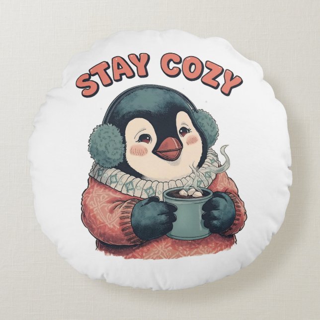 Almofada Redonda Cute Stay Cozy Penguin Drinking Hot Cocoa Hat (Frente)