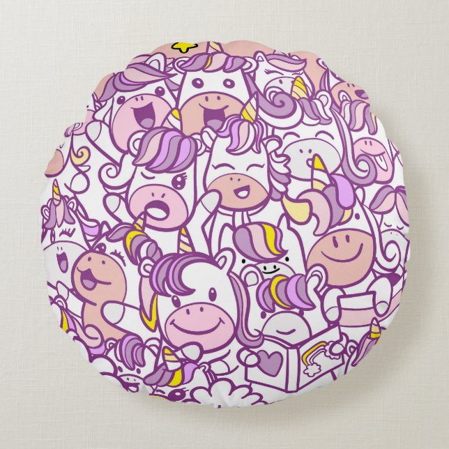 Almofada Redonda Cute Unicorn Pony: Coleção de Doodles Mágicos (Frente)