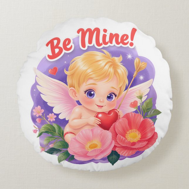 Almofada Redonda Cute Valentine's Day Cupid with "Be Mine" (Frente)