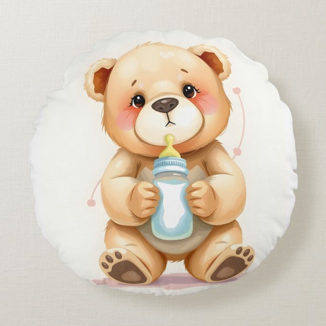 Almofada Redonda Cute Watercolor Baby Teddy Bear Illustration  (Frente)