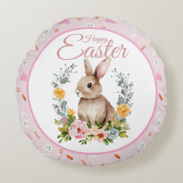 Almofada Redonda Cute Watercolor Bunny Floral Wreath Easter