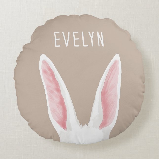 Almofada Redonda Cute White Bunny Ears On Beige With Kid's Name (Frente)