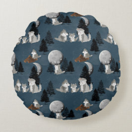 Almofada Redonda Cute Wolf Pack Woodland Night Kids Bedroom