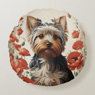 Almofada Redonda Cute Yorkshire Terrier Botanical Red Poppies