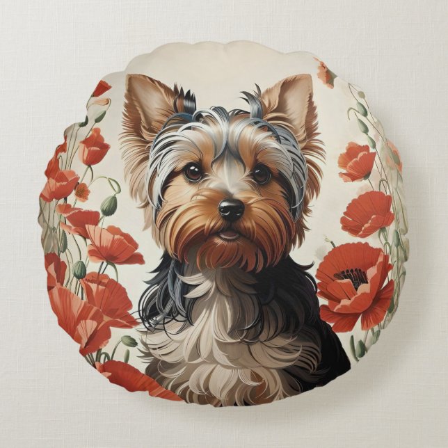 Almofada Redonda Cute Yorkshire Terrier Botanical Red Poppies (Frente)