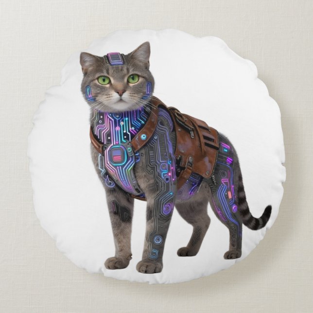 Almofada Redonda Cyberpunk Circuit Cat – Neon Tech Beast (Frente)