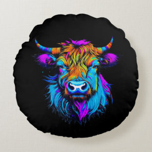 Almofada Redonda Cyberpunk Colorful Ai Highland Cow