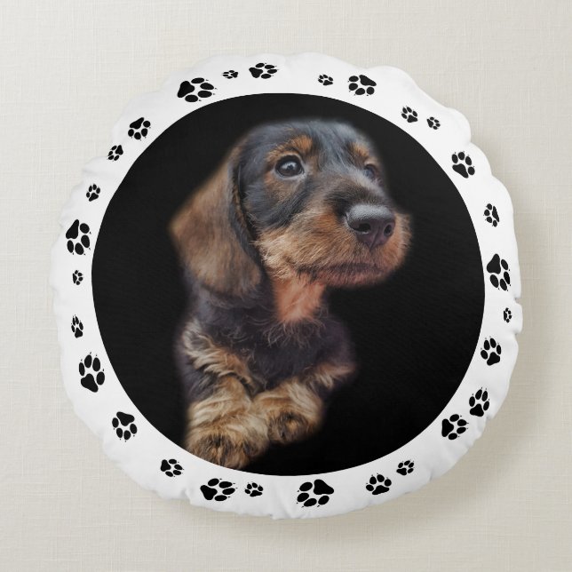 Almofada Redonda Dachshund Puppy Photo Paw Prints (Frente)