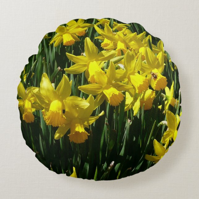 Almofada Redonda Daffodils Amarelos I Flores De Mola Cheery (Frente)