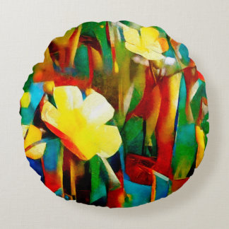 Almofada Redonda Daffodils. Composição floral de abstrato num cubis