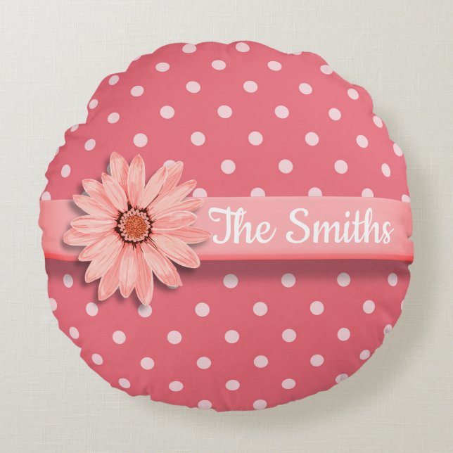 Almofada Redonda Daisy e pontos cor-de-rosa (Frente)