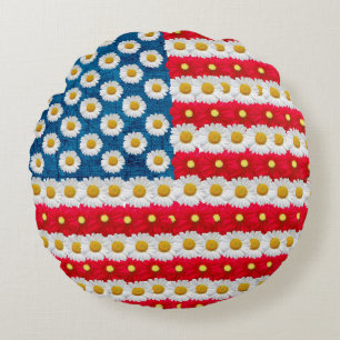 Almofada Redonda Daisy Floral American Flag USA Travesseiro decorat
