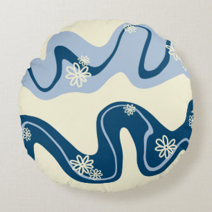 Almofada Redonda Daisy Groove - Azul Escuro, Azul Claro e Creme