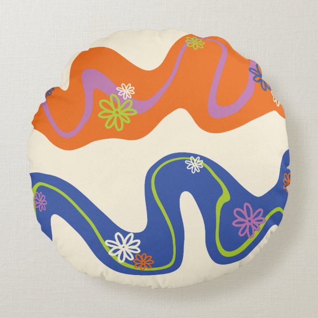 Almofada Redonda Daisy Groove Blue, Orange, Purple, Green & Cream (Frente)