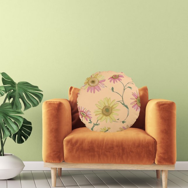 Almofada Redonda Daisy Wild flower Pink & Yellow Patterno (Criador carregado)