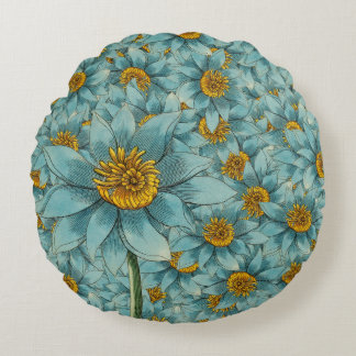 Almofada Redonda Dália Azul Vintage - Decoração Floral Botânica