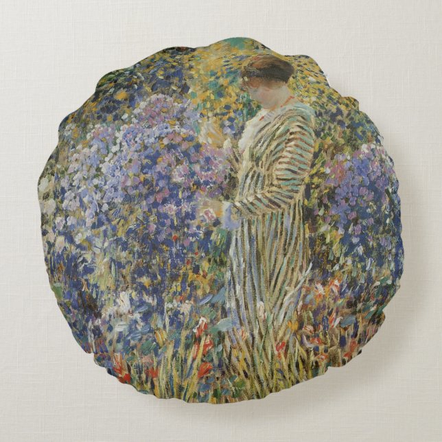 Almofada Redonda Dama num Jardim de Frederick Frieseke, Arte Fino (Verso)