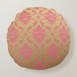 Almofada Redonda Damasco clássico Dourado e cor-de-rosa