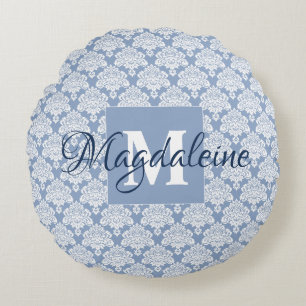 Almofada Redonda Damasco conhecido Monogrammed azul & branco