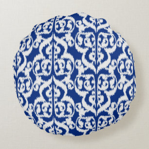 Almofada Redonda Damasco do Moorish de Ikat - azuis cobaltos e