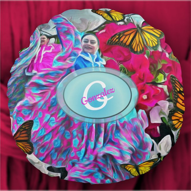 Almofada Redonda Dançar com flores e borboletas PV01 (Criador carregado)