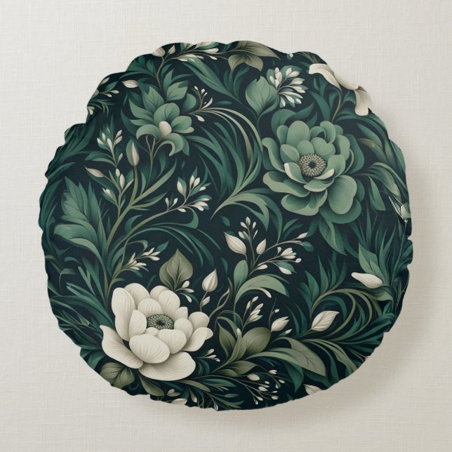 Almofada Redonda Dark Emerald Green Floral (Frente)