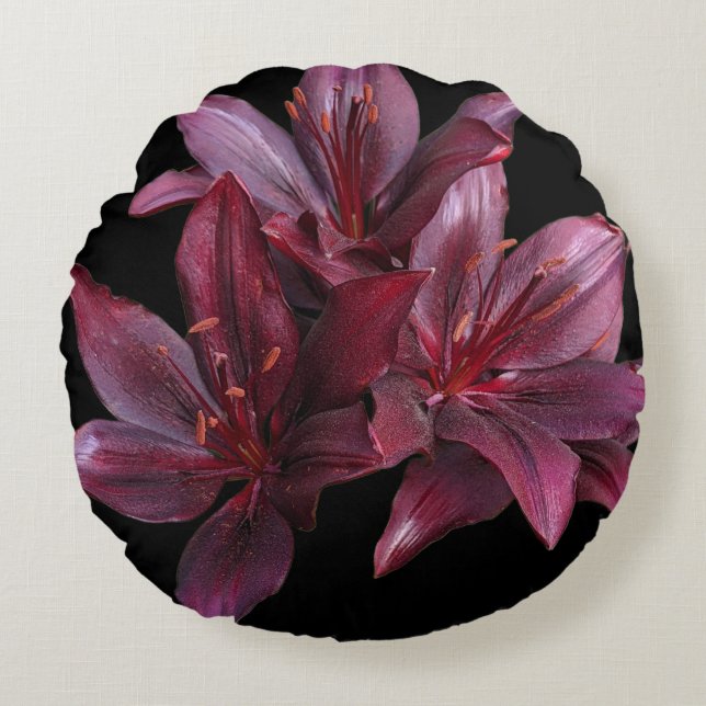 Almofada Redonda Dark Red Asiatic Lilies on Black Floral (Frente)