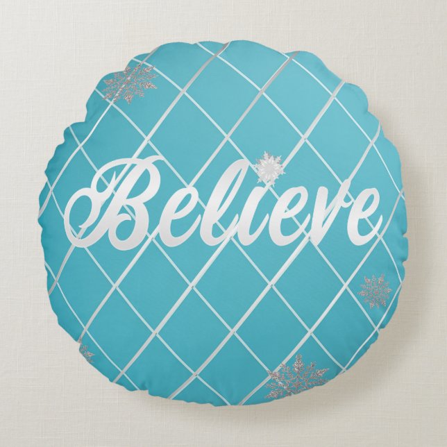 Almofada Redonda Dazzling Acredite Azul Claro e Prata Verificados (Frente)