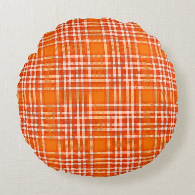 Almofada Redonda de Arremesso Plaid Laranja Brilha (Frente)