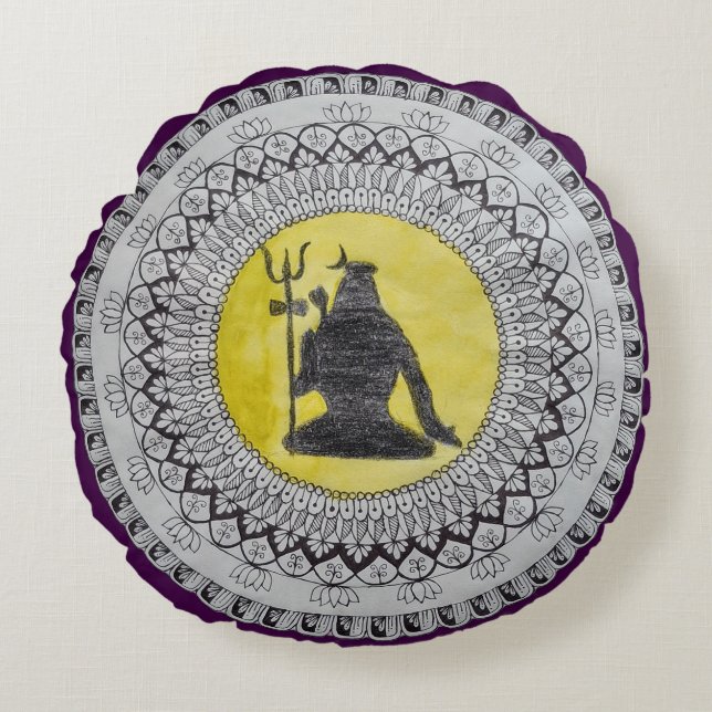 Almofada Redonda de Arte Mandala do Senhor Shiva (Frente)
