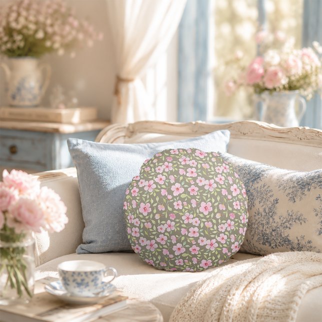 Almofada Redonda de flores delicadas em aquarela (Delicate watercolor flowers Round Pillow)