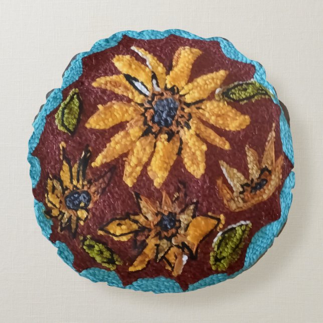 Almofada redonda de girassóis Needle Punch Shabby  (Frente)
