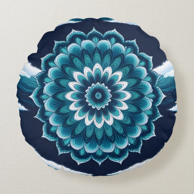 Almofada Redonda de Lançar Flor de Mandala Azul T (Frente)