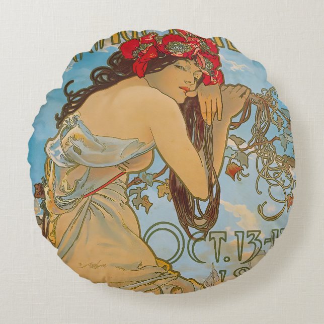 Almofada Redonda Dealers de carruagem por Alphonse Mucha (1902) (Frente)