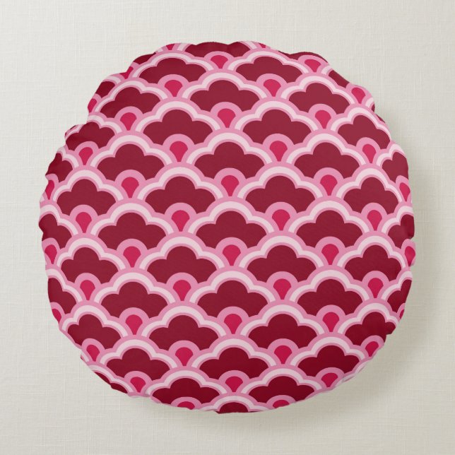 Almofada Redonda Deco Chinês Escalços, Vinho Borgonha e Rosa (Frente)