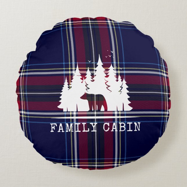 Almofada Redonda Decor de Cabina Cozy, Xadrez clássica em Marinho e (Frente)