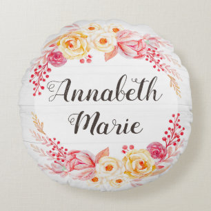 Almofada Redonda Decoração de Berçário de Nome de Bebê Floral Rústi